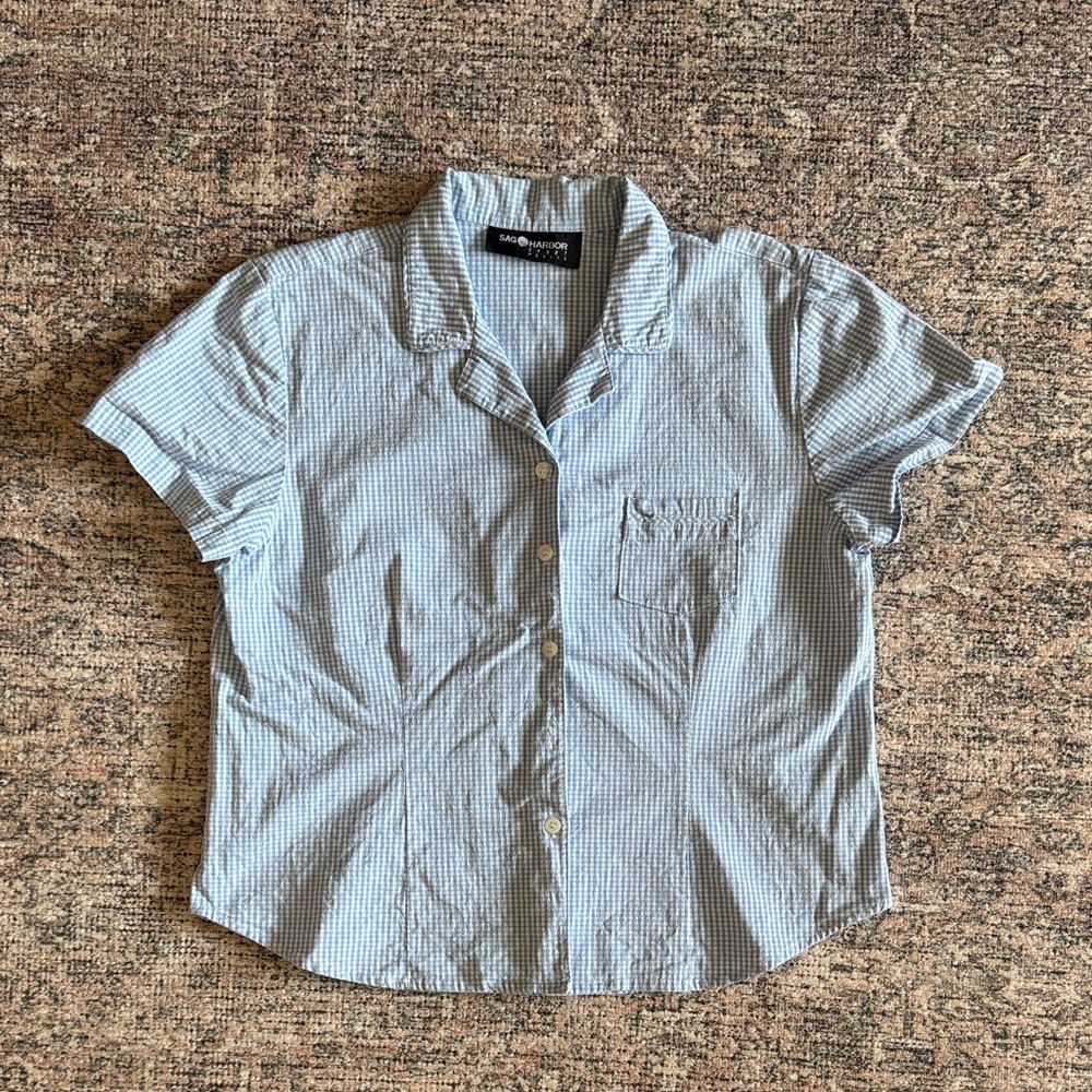 Vintage Sag Harbor Light Blue Checkered Short Sleeve Shirt